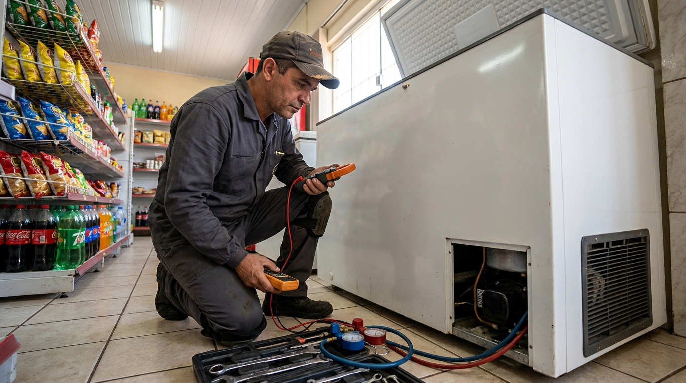 Reparo da placa eletrônica de um freezer em atendimento em Campinas‑SP
