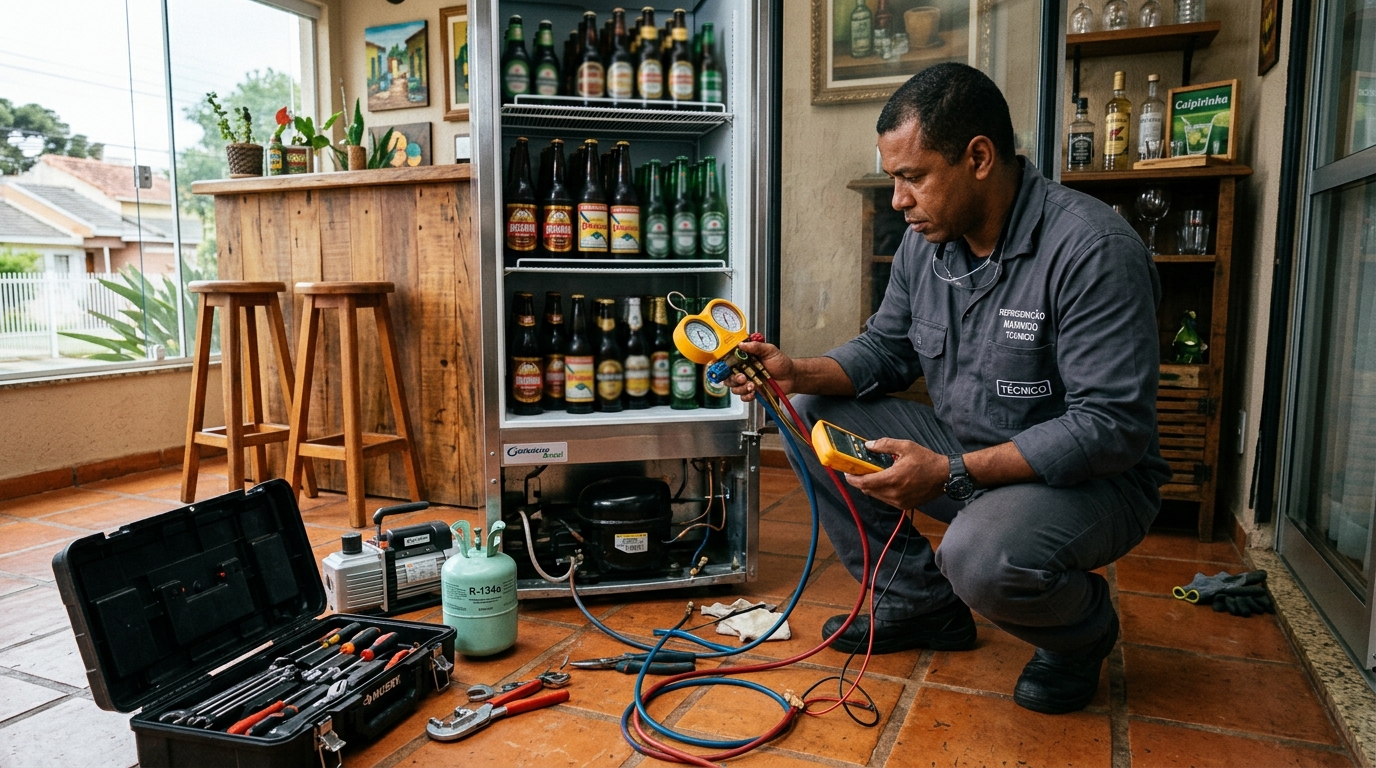 Técnico revisando o motor de uma cervejeira durante chamado em Campinas‑SP