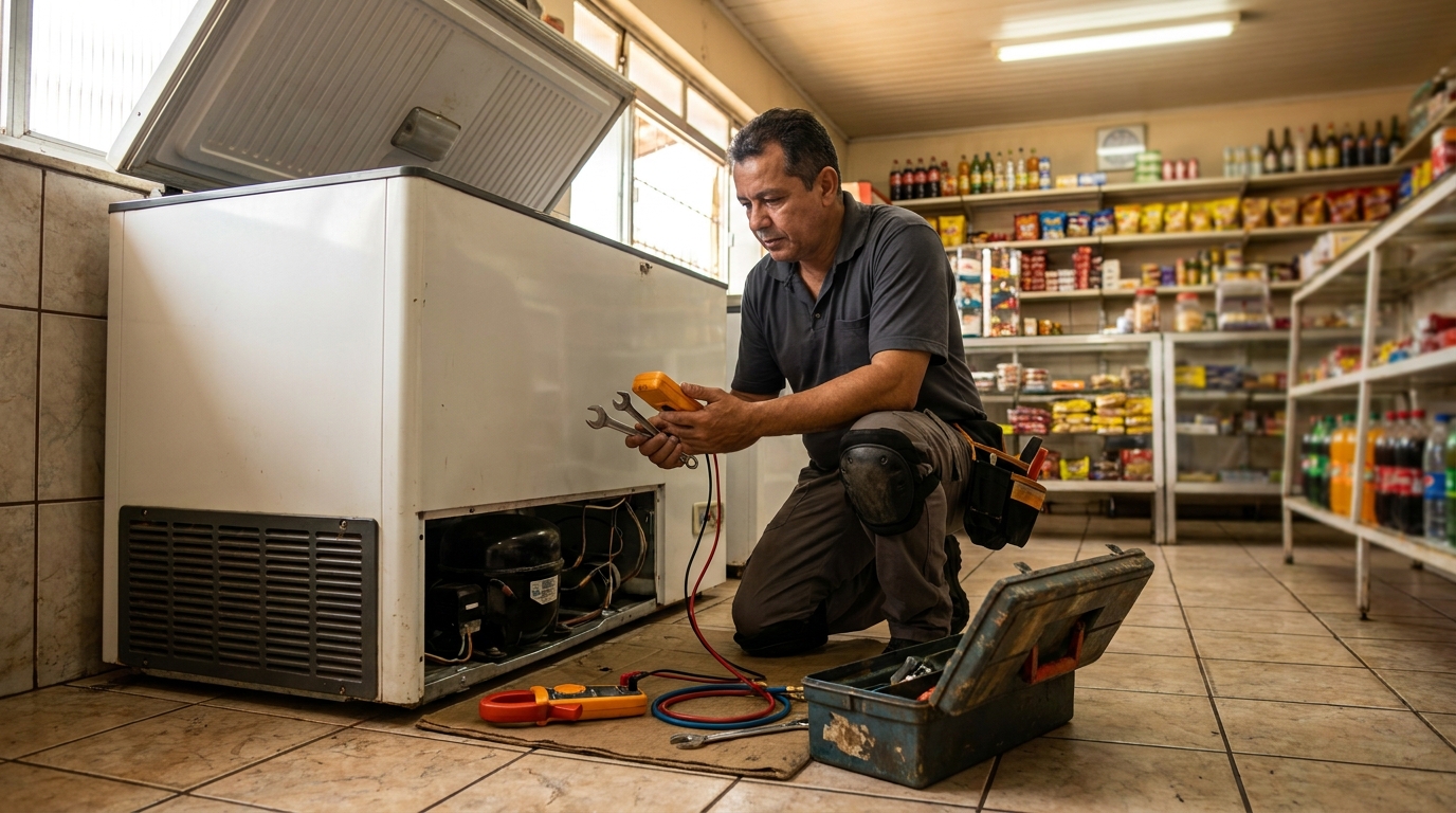 Técnico reparando o motor de um freezer horizontal em Campinas‑SP