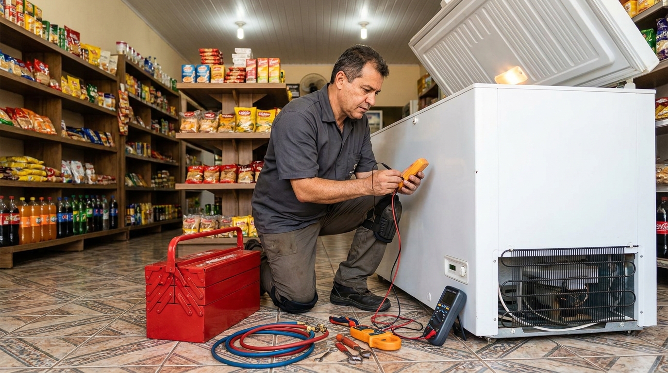 Manômetro conectado ao circuito durante recarga de gás de freezer em Campinas‑SP