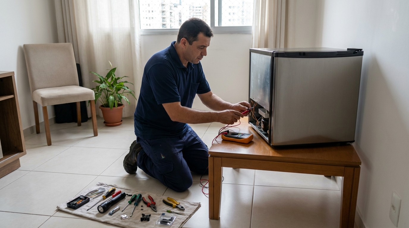 Técnico avaliando um frigobar compacto durante atendimento em Campinas‑SP